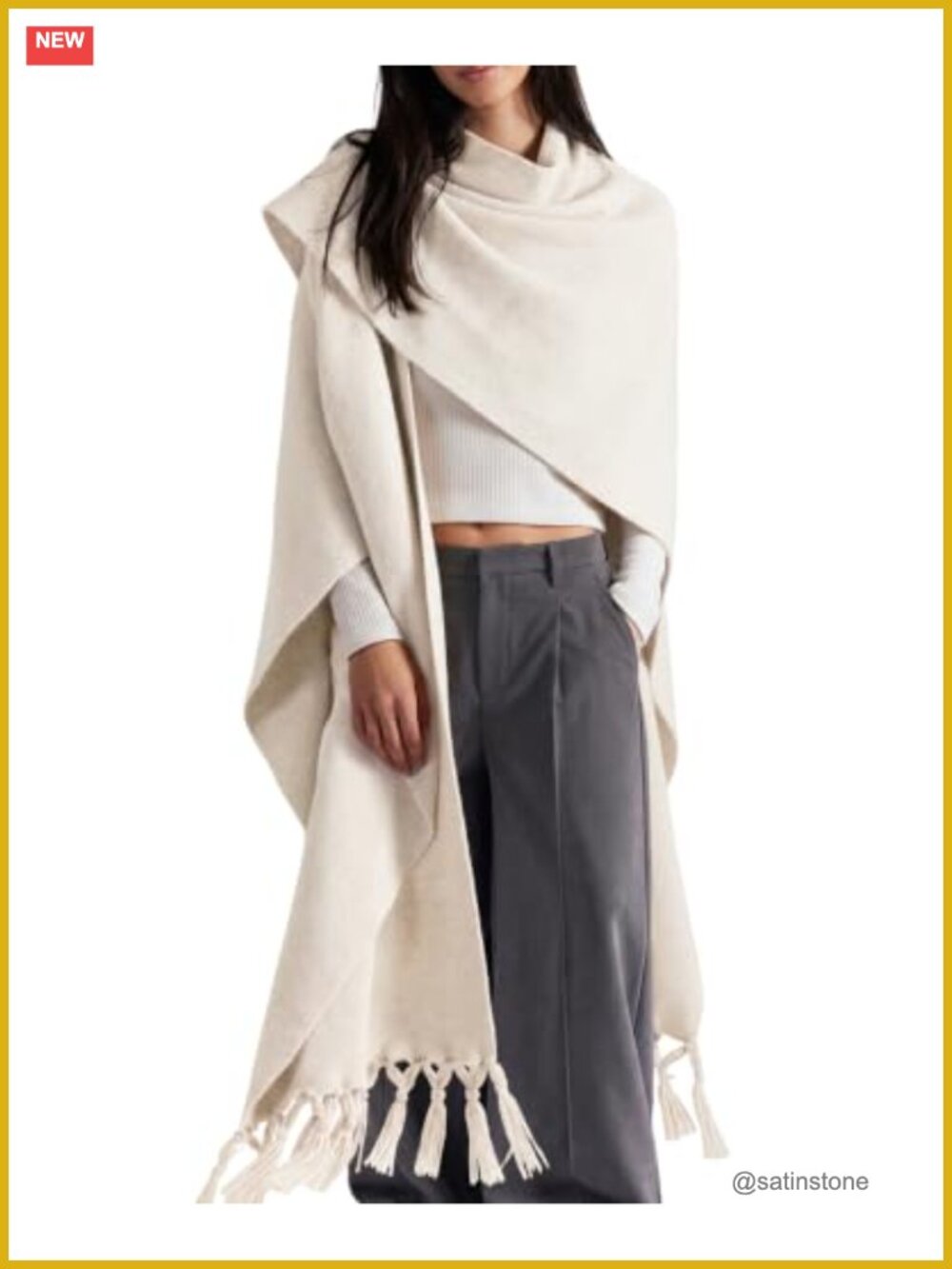 Women's Open Front Poncho Shawl Wrap with Tassel Fringe - Anti-Pilling Wool